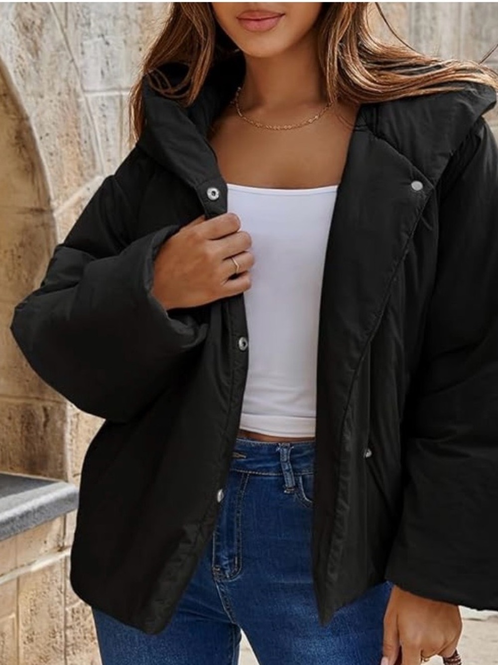 Women's Black Hooded Puffer Jacket - Lightweight Warmth